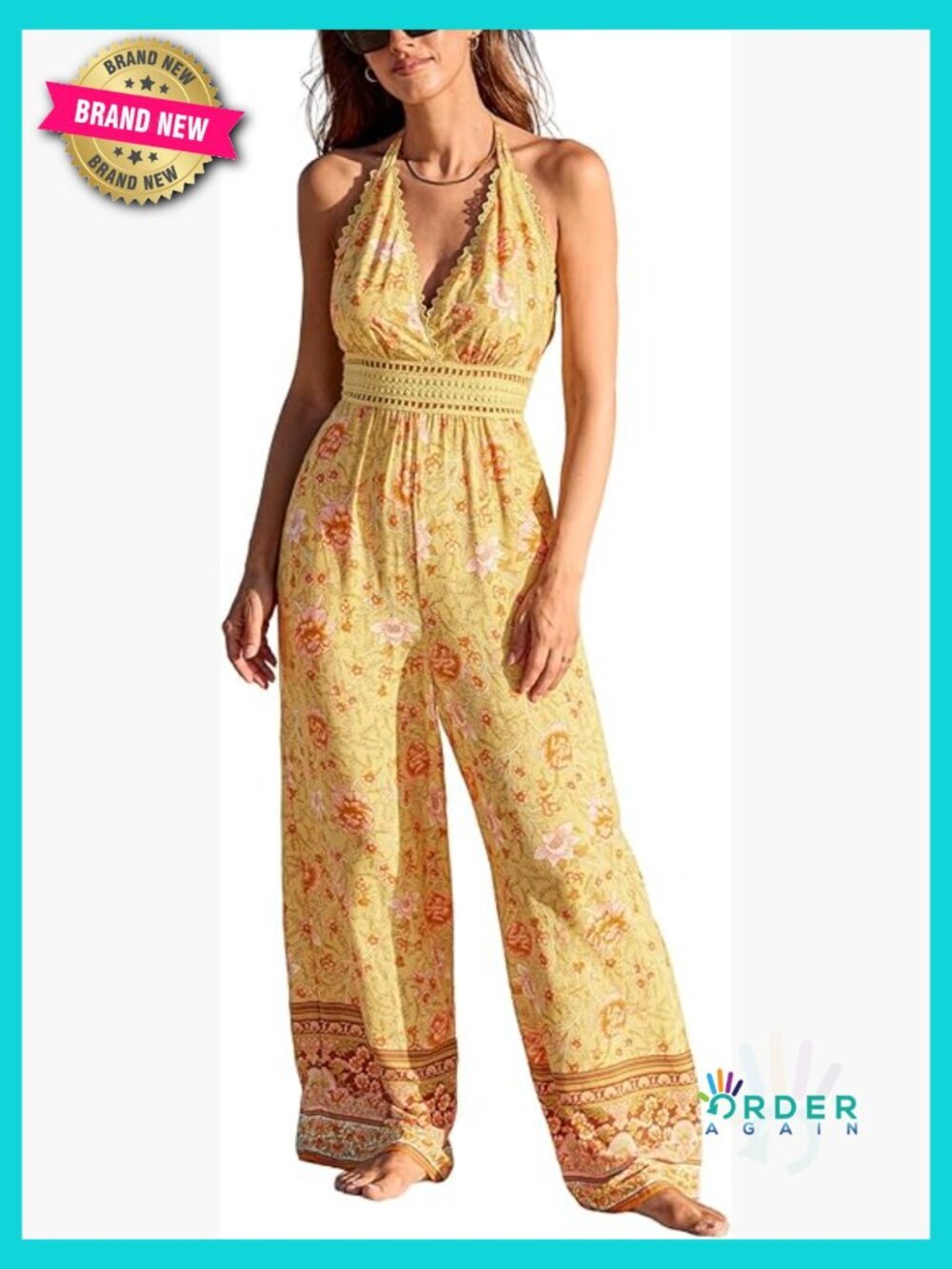 Sleeveless Halter Neck Jumpsuit with Lace Trim and Pockets Summer Outfit